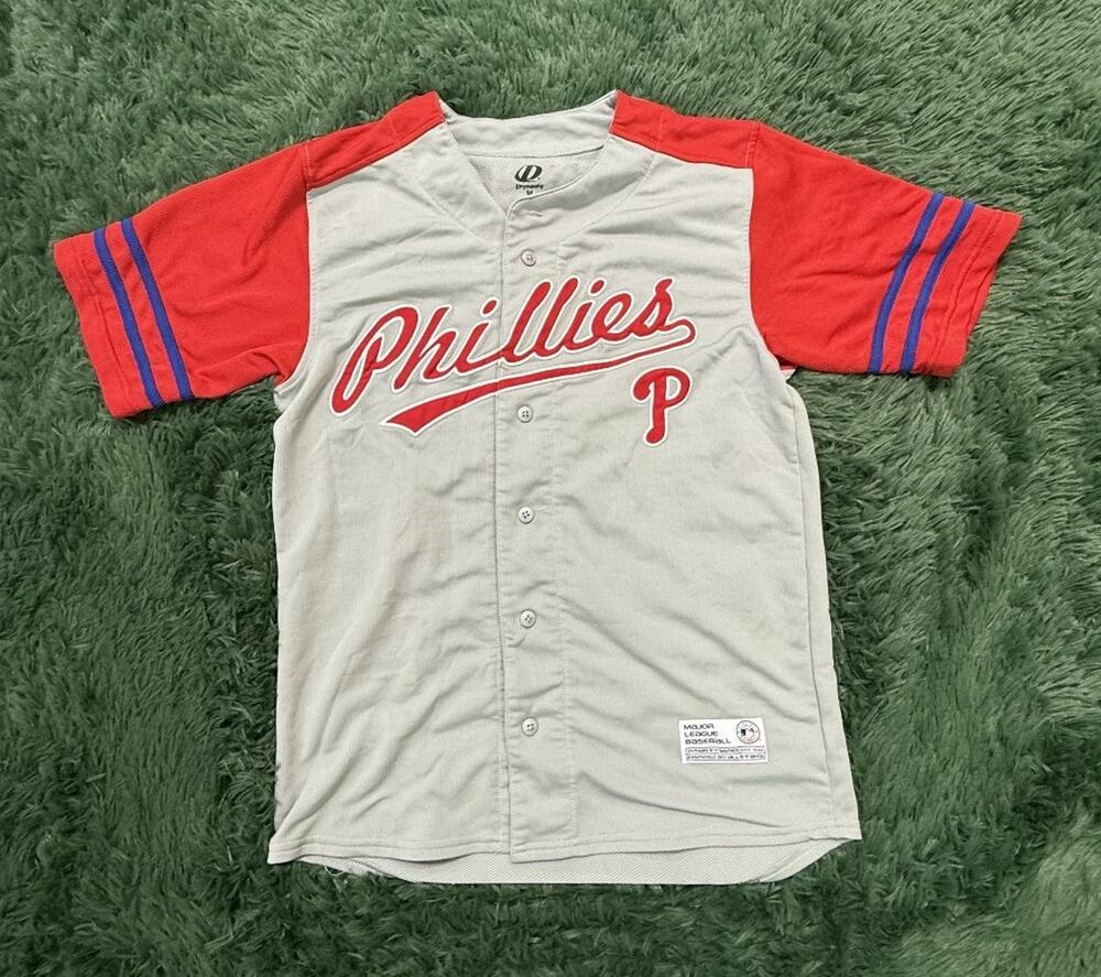 Dynasty Philadelphia Phillies MLB Baseball Jersey Grey Red Blue Stripes Size M